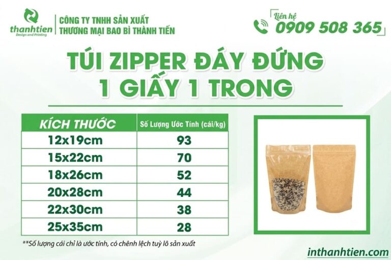 Bảng kích thước túi zip 1 mặt giấy 1 mặt trong