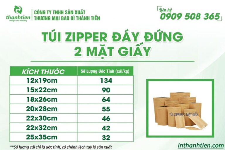 Bảng kích thước túi zip 2 mặt giấy