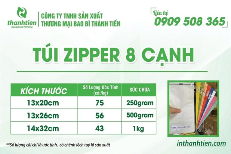 Bảng kích thước túi zip 8 cạnh 