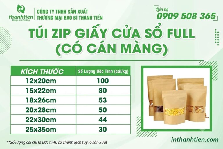 Bảng kích thước túi zip giấy có cửa sổ 