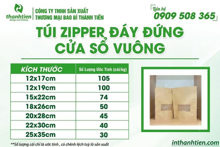 Bảng kích thước túi zip giấy cửa sổ vuông