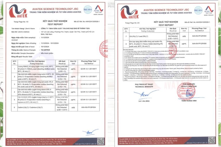 Giấy kiểm nghiệm túi zipper thực phẩm