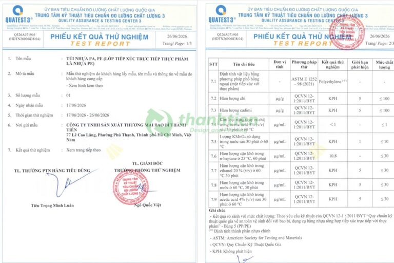 Giấy kiểm nghiệm túi nhựa PA