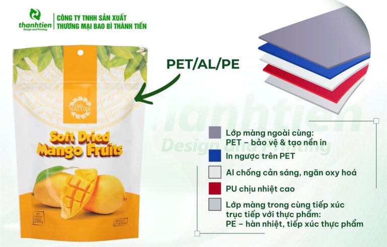 Cấu trúc bao bì xoài sấy PET/AL/PE