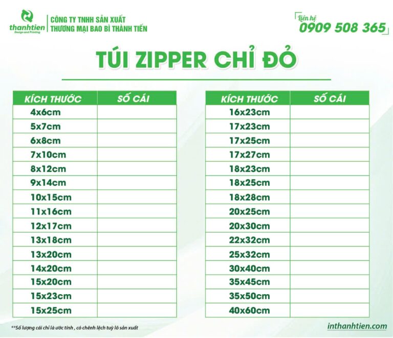 Kích thước túi zipper chỉ đỏ