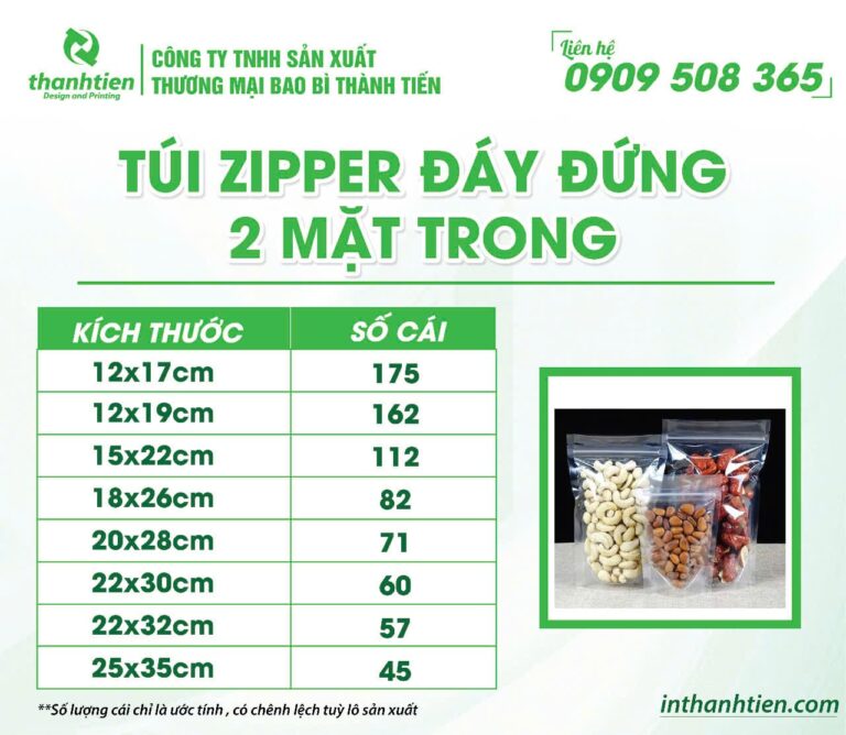 Kích thước túi zipper đáy đứng 2 mặt trong