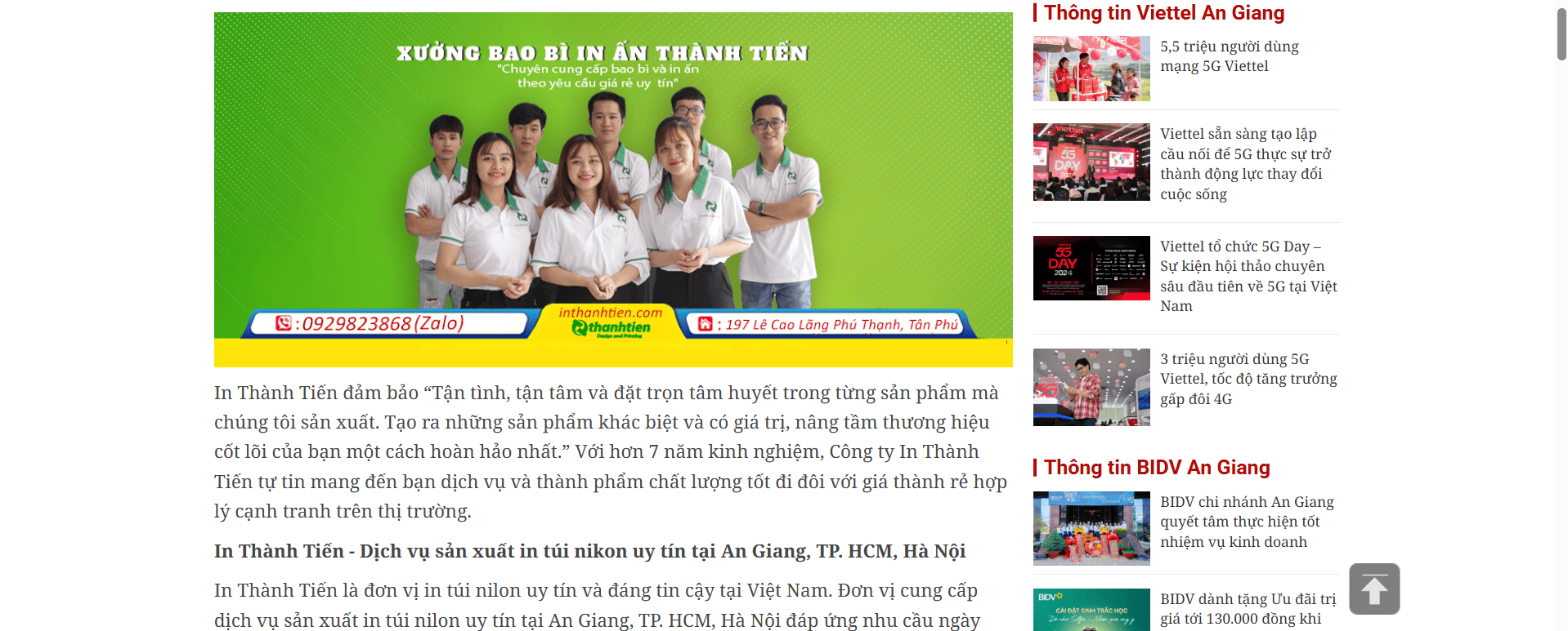 Báo an giang giới thiệu về dịch vụ in bao bì thành tiến