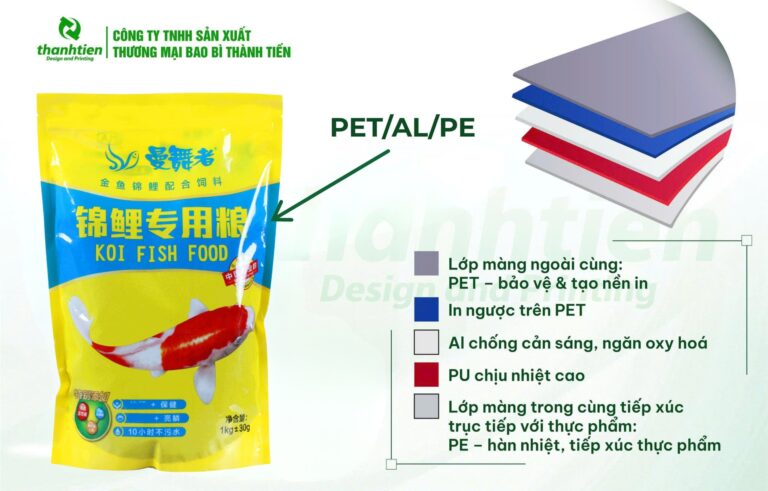 Cấu trúc bao bì thức ăn cá cảnh PET/Al/PE