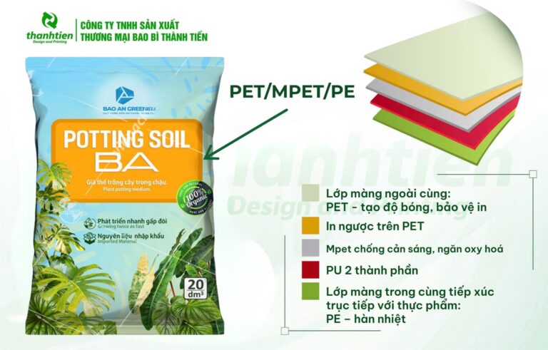 Cấu trúc bao bì giá thể PET/MPET/PE