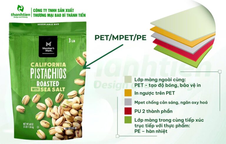 Cấu trúc bao bì hạt dẻ PET/MPET/PE