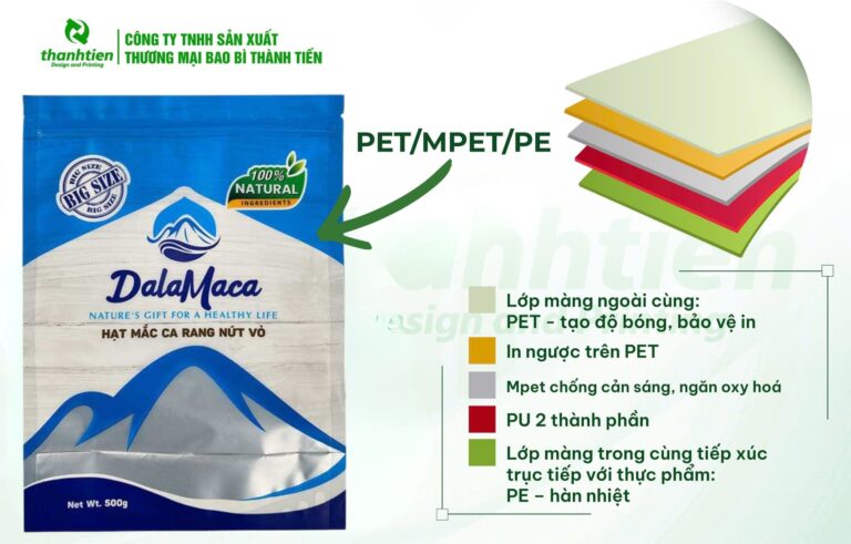 Cấu trúc bao bì hạt macca PET/MPET/PE