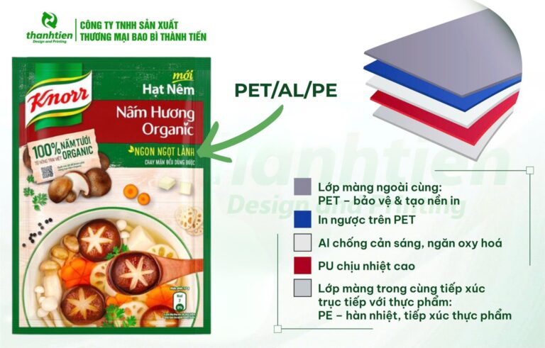 Cấu tạo bao bì hạt nêm PET/Al/PE