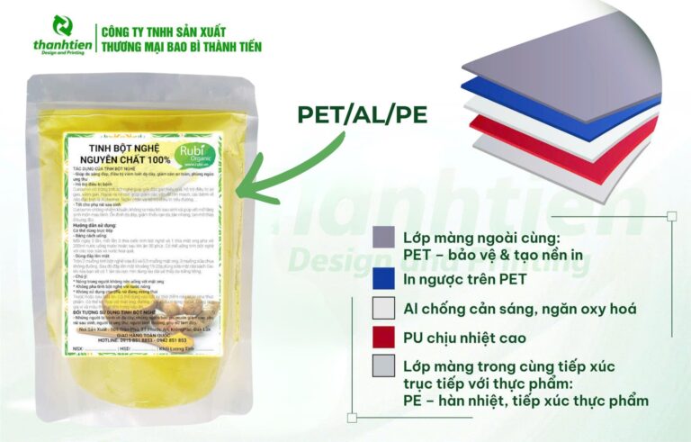 Cấu tạo bao bì tinh bột nghệ PET/Al/PE