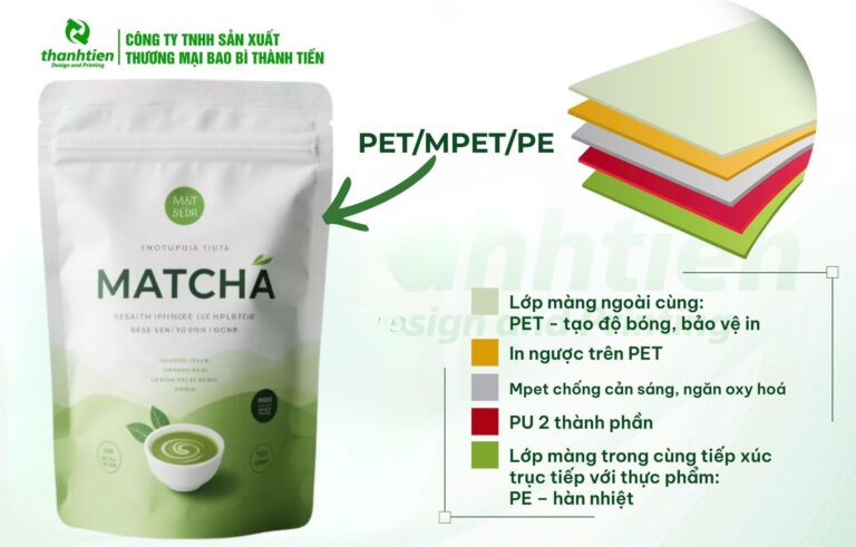 Cấu tạo bao bì bột matcha PET/MPET/PE