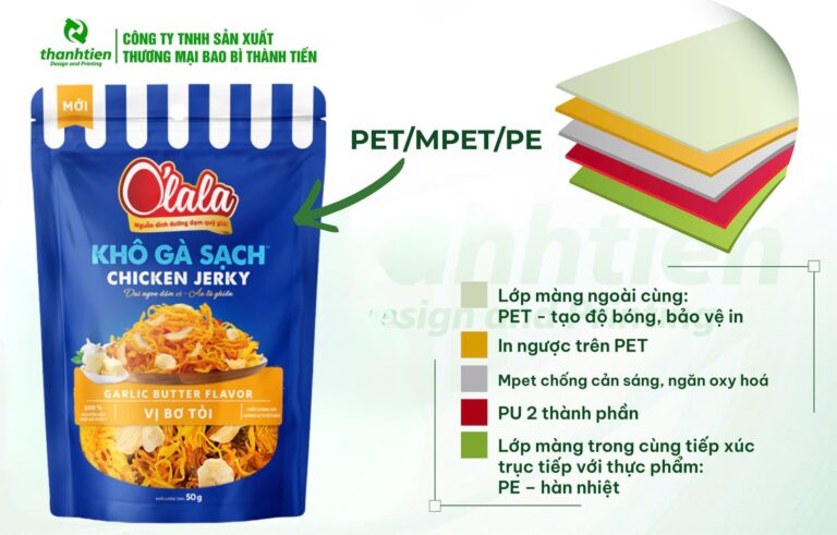 Cấu trúc bao bì khô heo PET/MPET/PE