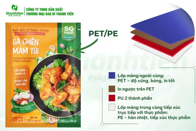 Cấu trúc bao bì cho gia vị dạng lỏng PET/PE