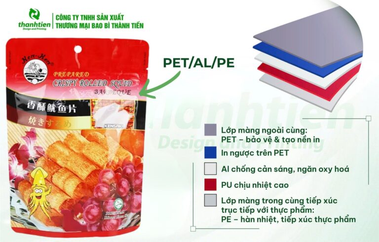 Cấu trúc bao bì khô mực PET/Al/PE
